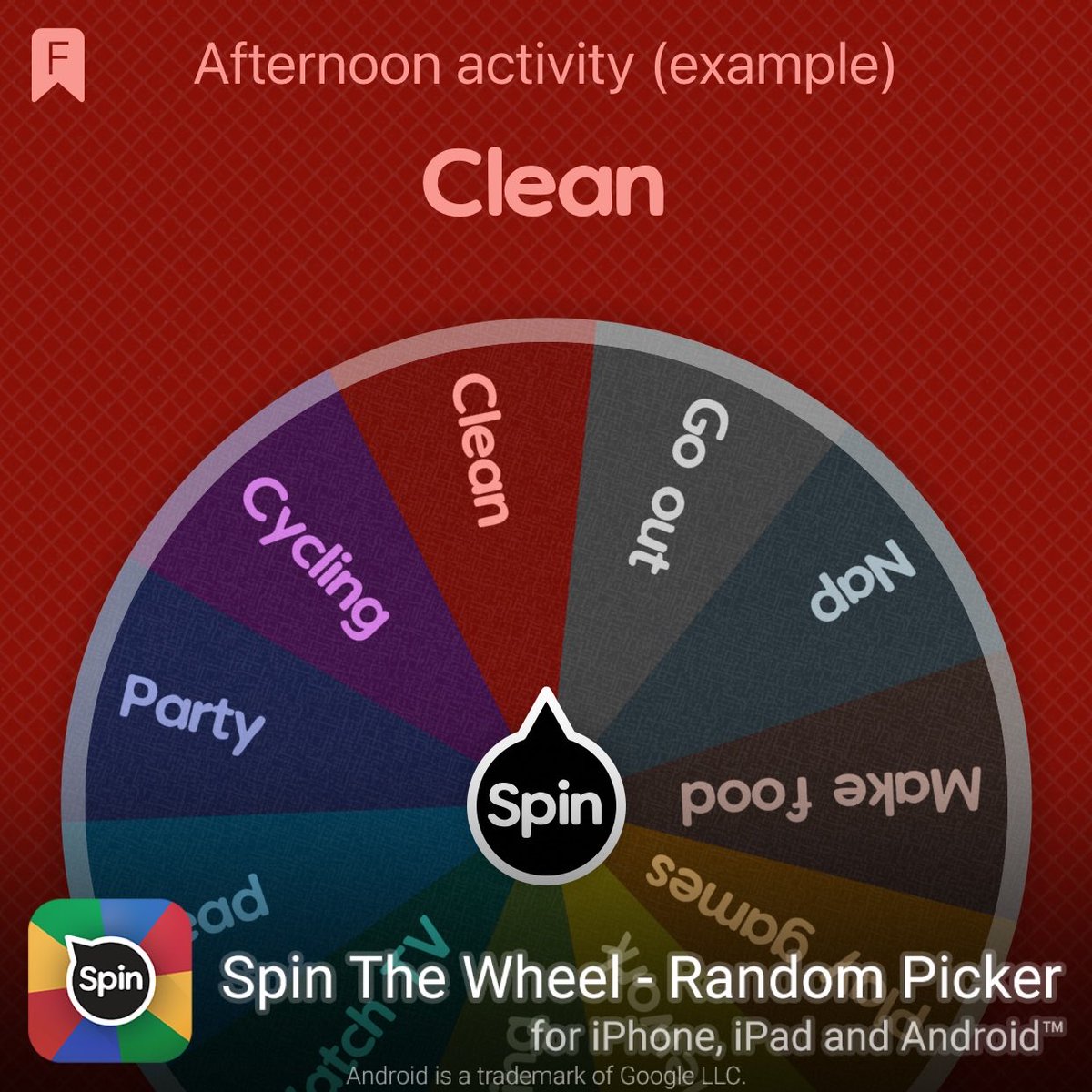 SnowParSae's tweet image. I rolled Clean in Afternoon activity (example)! #SpinTheWheelApp #spinthewheel 👉 spinthewheel.app/afternoon-acti…