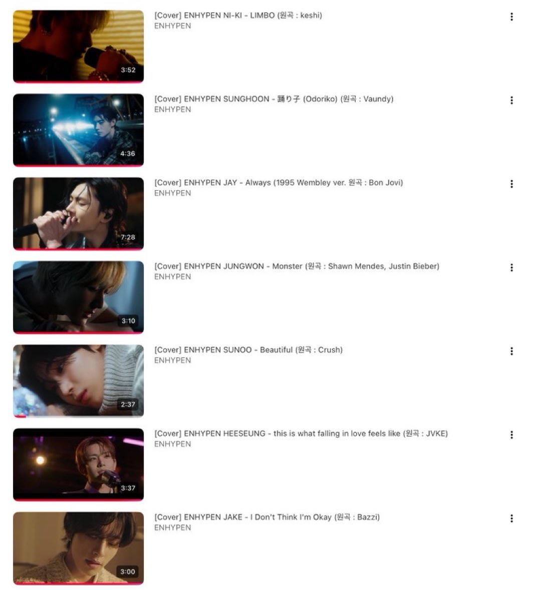 ชอบที่เอนไฮเพนได้โชว์ความเป็นตัวเองผ่านผลงาน cover มากๆ รวมแนวดนตรีที่ชอบ กับความชอบอื่นๆไว้ในนั้น แล้วทุกคนเลือกเพลงได้เพราะเหมาะกับตัวเองมาก ถ่ายทอดอารมณ์ได้ดีด้วย โวคอลเริ่ด facial expression ปัง ภาพเอ็มวีสวย ภูมิใจๆๆๆㅜㅜㅜㅜ มีอีกบ่อยๆได้ม้าย