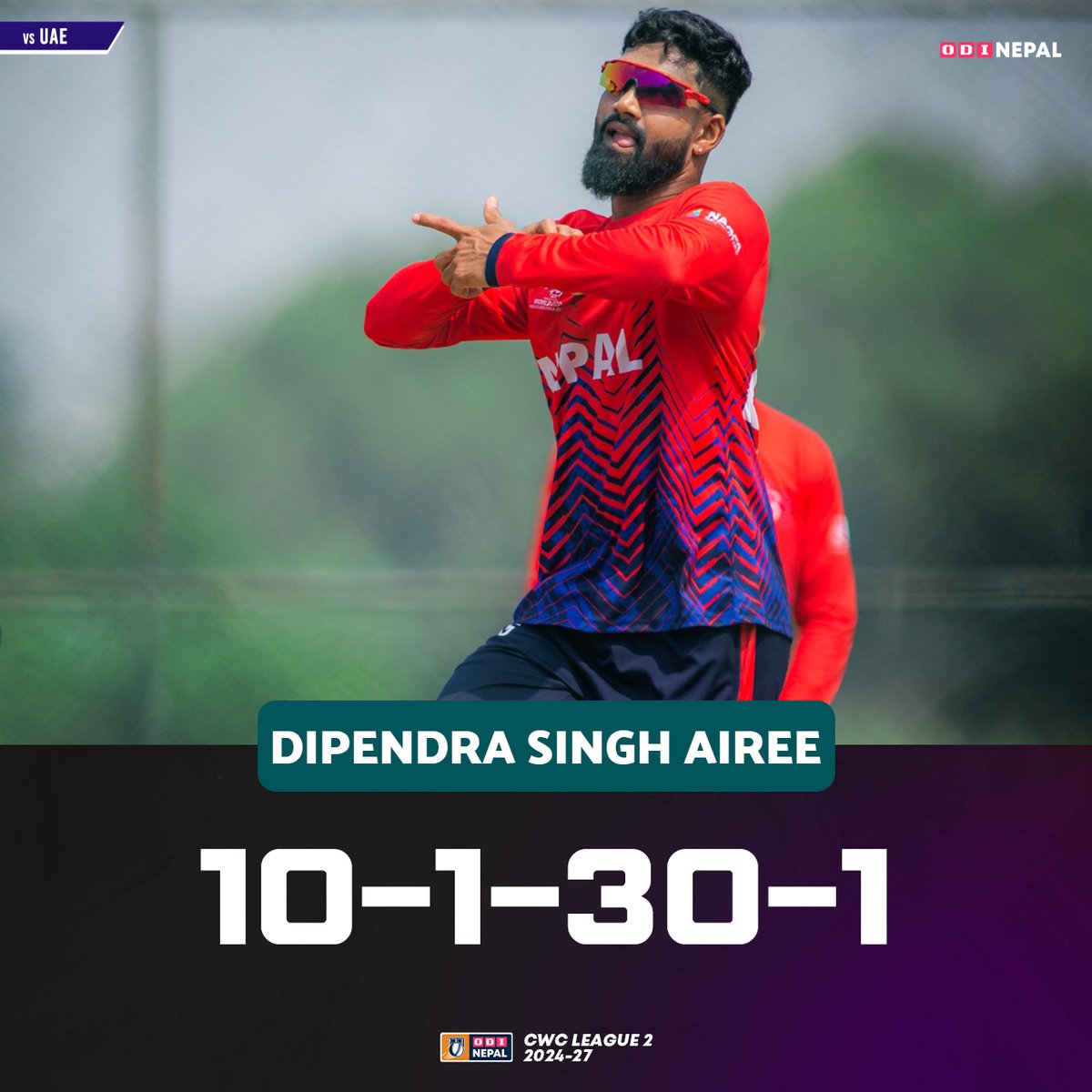 OdiNepal's tweet image. Dipendra keeps it tight! 🏏Dipendra Singh Airee delivers a controlled spell of 10-1-30-1 — building pressure and doing his role perfectly! 💪🇳🇵ODI Nepal | #CWCLeague2 | #NEPvUAE | #NepalCricket
