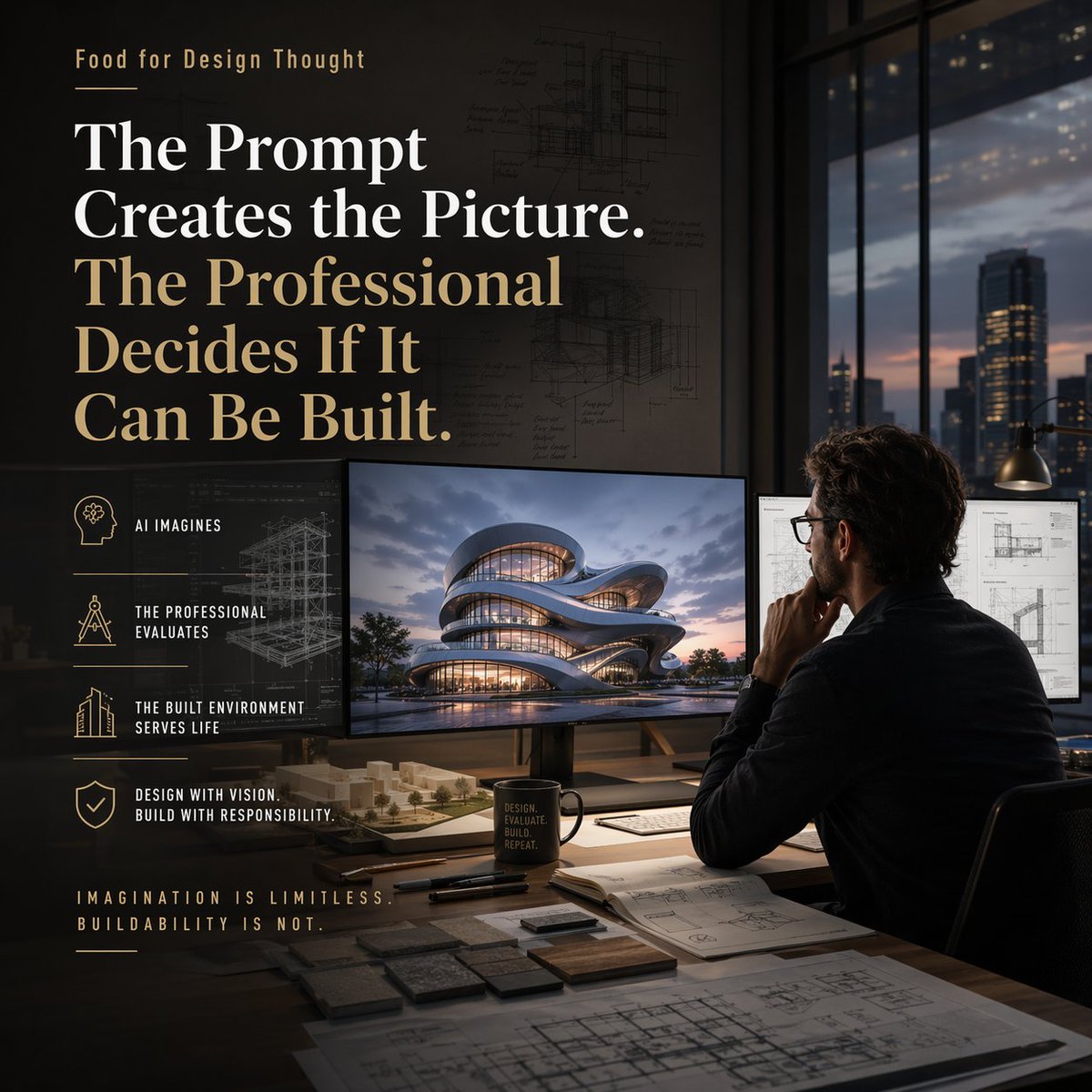 SeeIt3D's tweet photo. 🧠 Design Thought

The prompt creates the picture.
The professional decides can be built?
AI generates incredible architectural ideas in seconds

Images are not buildings

One still needs to design structure, scale, materials, drawings, compliance, build logic, &amp; responability https://t.co/pFVuBBfUNu