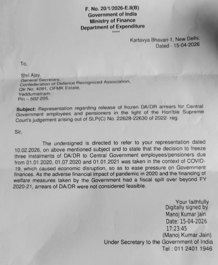 The Ministry of Finance has again refused to release frozen DA/DR arrears, citing COVID-19 financial impact. Despite 6 years of continuous struggle by employees’ unions, the govt has denied it every time, disappointing lakhs of employees and pensioners.  #Centralgovtemployees