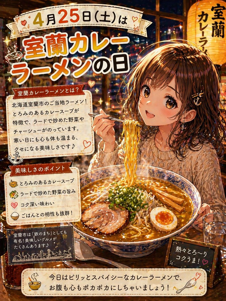 DUf9AbR68a7367's tweet image. 🍜4月25日は「室蘭カレーラーメンの日」

とろ～り濃厚スープに
コク深い旨みがたまらない😋✨️

今日はちょっとガツンと
心もお腹も満たしませんか？🔥

#AIイラスト #ChatGPT
