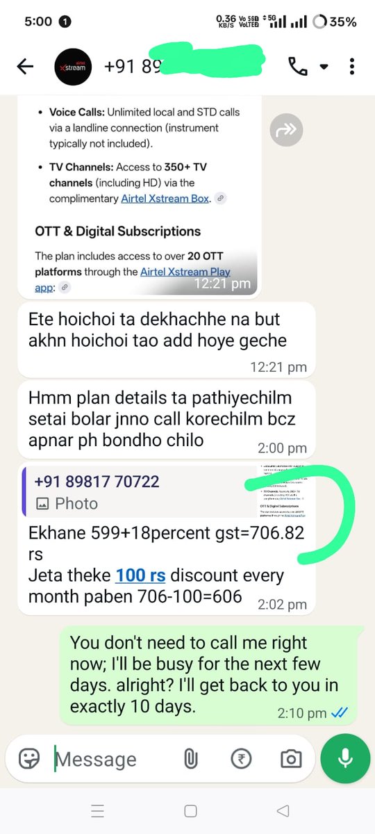 idontknowwhoi11's tweet image. "Airtel Xstream Fiber salesmen are promising a ₹100/month discount, but is this official or just a sales trick? Confused by the conflicting information! Requesting @airtelindia to clarify if such an official discount exists. Avoid misleading offers! #AirtelFiber #Broadband