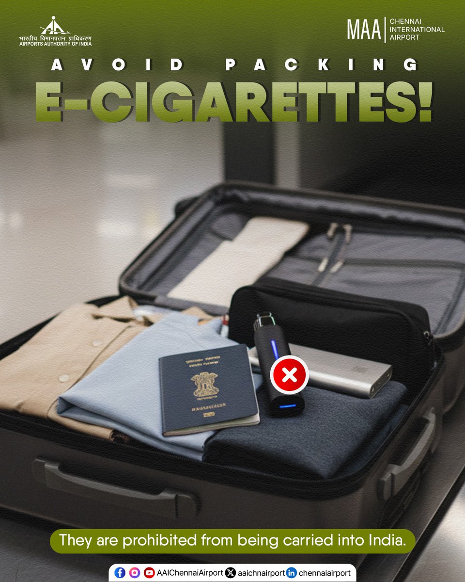 cigarettes allowed in airport E-cigarettes are prohibited in India and must not be carried during travel.  Adhering to travel regulations helps ensure a smooth and hassle-free  journey. @MoCA_GoI