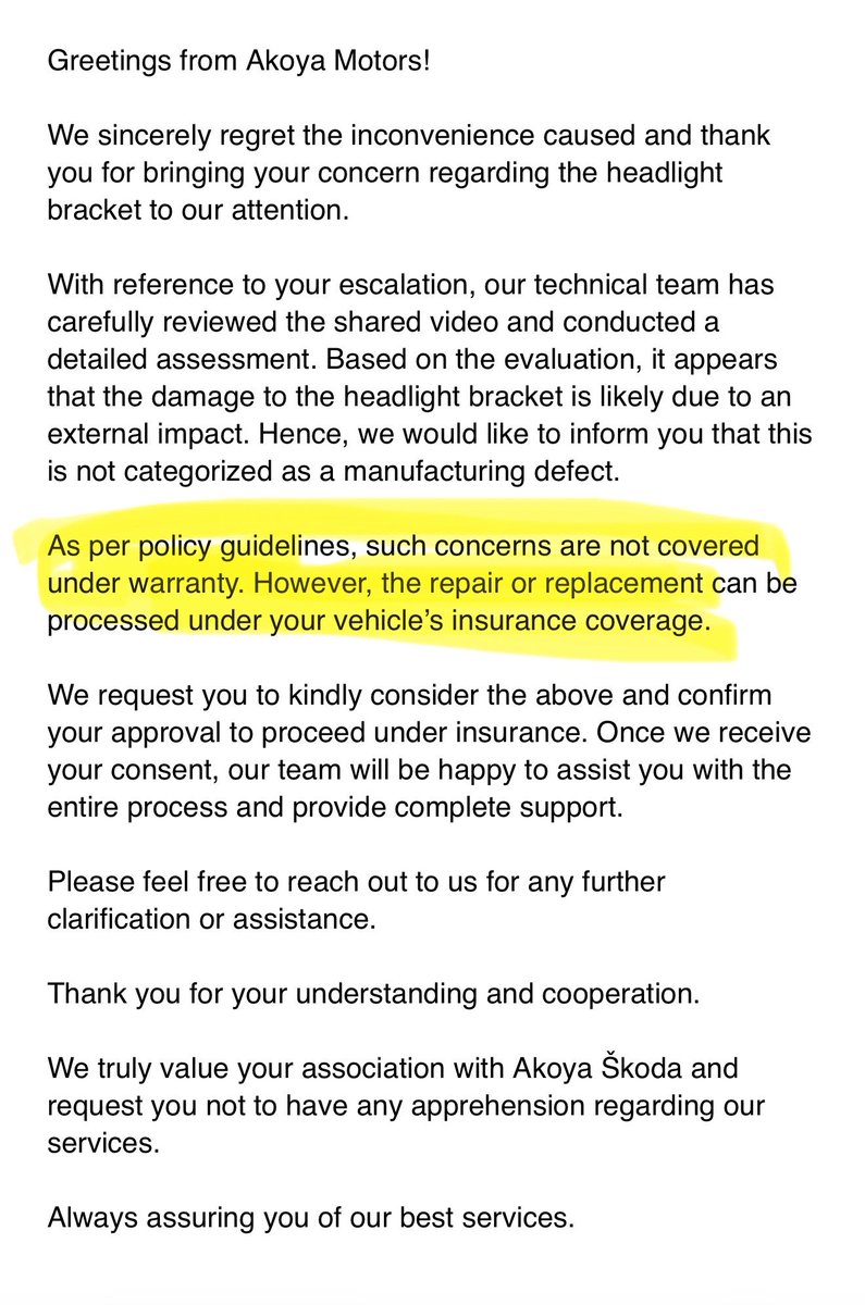 amitkulkarni85's tweet photo. @SkodaIndia getting this response from the dealer, they are not working on the issue, how such parts are breaking without any accidental damage, even the bonnet screws are automatically removing from the bracket. there no accidental evidence on the car the part got automatically broken https://t.co/JoBm5JpnzZ