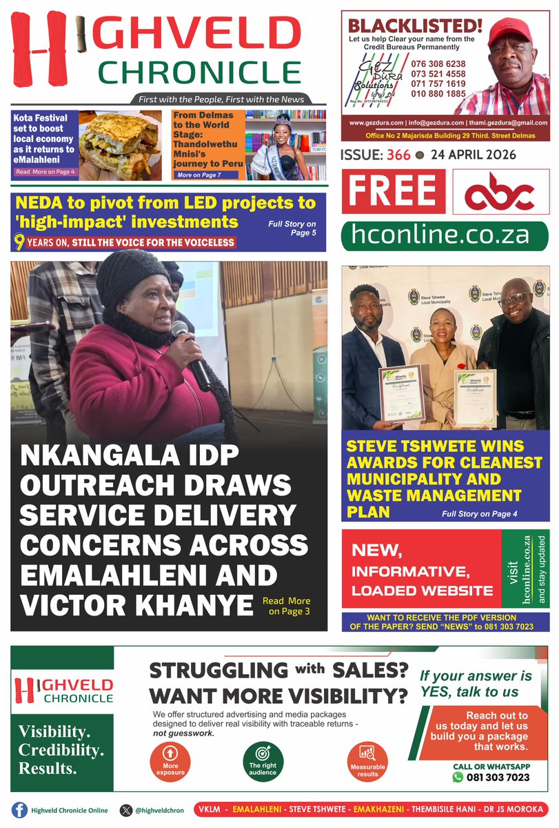 highveldchron's tweet photo. AND ANOTHER EDITION - READ AND STAY INFORMED
Don’t miss out on what’s happening in your area  – stay informed and gain access to business and job opportunities.

READ FULL PAPER HERE:
https://t.co/zhduNlEUf5
FIRST WITH THE PEOPLE. FIRST WITH THE NEWS!!!
#Mpumalanga @NkangalaDM https://t.co/xCC1UZ9xue