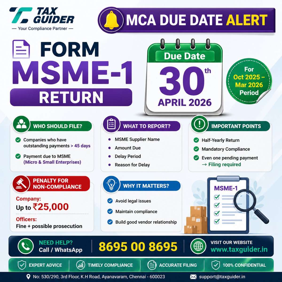 Taxguideroff's tweet image. 📢 MSME-1 Return Alert
If MSME payments are pending &amp;gt;45 days, filing is mandatory.

📅 Due Date: 30 April 2026
⚠️ Penalty up to ₹25,000

🌐 taxguider.in

#MSME1 #MCAUpdate #Compliance #DueDate #TaxGuider