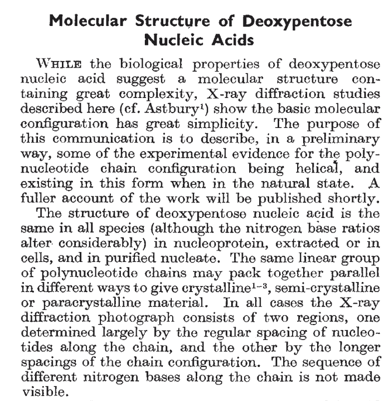 Aiims1742's tweet image. Happy #DNADay to all who celebrate!
Commemorating the simultaneous publication today in @Nature of 3 companion papers on the structure of DNA, including the famous "Structure B" photo-radiograph by Rosalind Franklin. 
#DNADay26