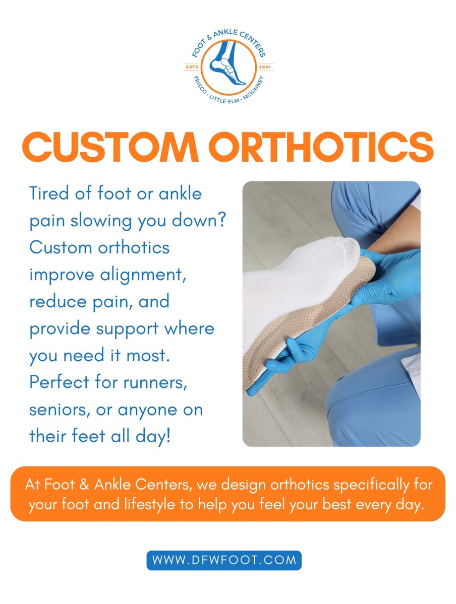 FootAnkleDFW's tweet image. 🦶✨ Tired of foot or ankle pain slowing you down?
📲 Book your consult today: dfwfoot.com/contactus
Educational only. Not medical advice.

#CustomOrthotics #FootSupport #DFWFootCenters #StepBetter #HappyFeet #PainFreeSteps #FootHealth