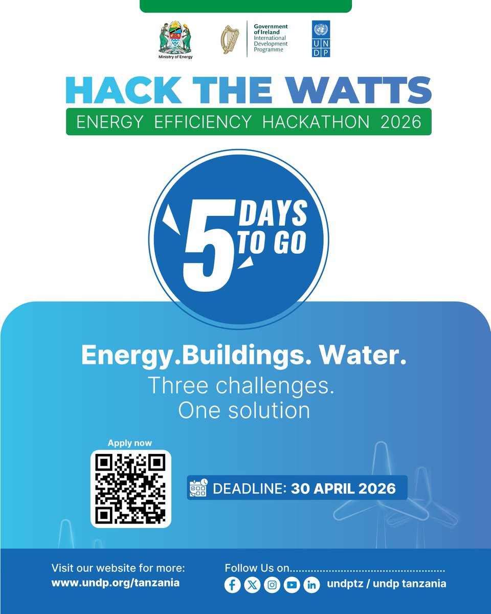 undptz's tweet image. 🔊 Calling innovators
Got a solution that can improve energy use or reduce costs?
Join #HackTheWatts and take it further.
🔗 Apply now: forms.office.com/e/RW2WRJCu8k
#EnergyEfficiency