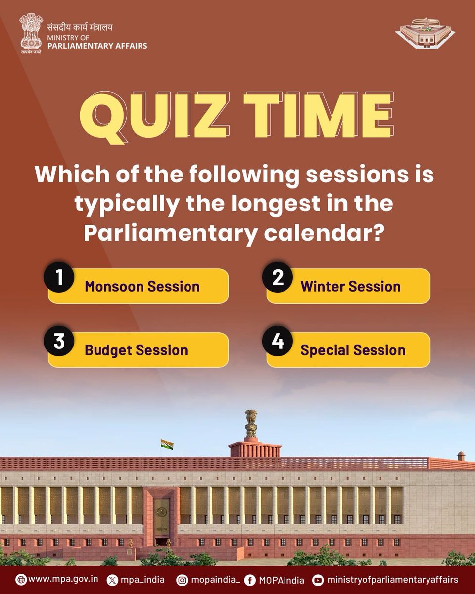 mpa_india's tweet image. #QuizTime!
Do you know which Parliamentary session is typically the longest in the annual legislative calendar? 

Test your knowledge of India’s parliamentary proceedings.
@PIB_India @mopa_pib @sansad_tv @mygovindia