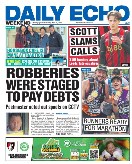 Bournemouthecho's tweet image. Morning all. Your jam-packed weekend Echo features the chance to win a £100 Amazon voucher, a £500 sports kit competition, plus your weekly TV guide. Here's the front page and headlines #Dorset #LocalNews
