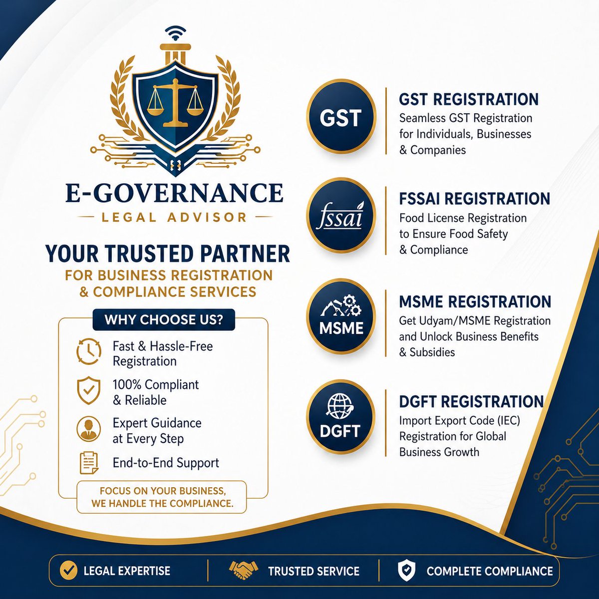 egovlegal's tweet image. Start &amp;amp; grow your business without stress 🚀

GST | FSSAI | MSME | DGFT registrations made easy ✔️
Fast, reliable &amp;amp; expert support 💼
#GST #MSME #FSSAI #DGFT #StartupIndia #BusinessIndia #Entrepreneur