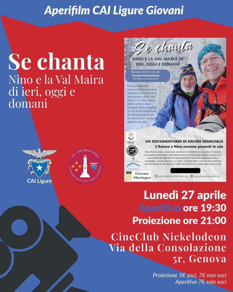 escligure's tweet photo. Lunedì 27 aprile, prosegue il Cineforum di Alta Quota del gruppo Giovani del CAI Ligure.

"Se chanta" ambientato in Val Maira, inizio ore 21.00 anche per non soci CAI.

Prima del film, dalle 19.30 aperitivo riservato ai soci CAI.
Info https://t.co/QcoH0I0WJc

#cinema #montagna https://t.co/O2EHy9hcV3