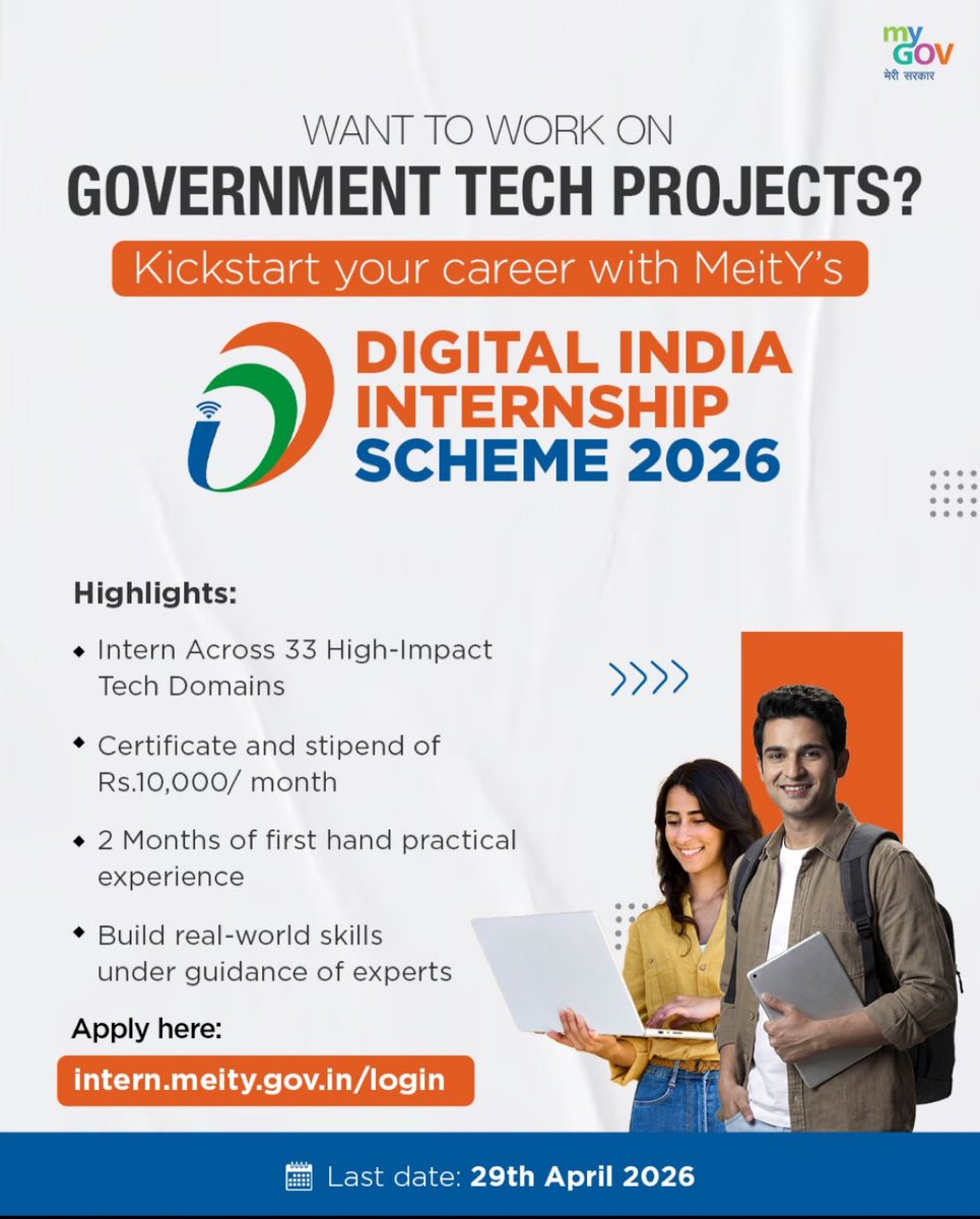 21sparksacademy's tweet image. Digital India Internship Scheme 2026. 

Work on impactful projects and gain real-world exposure.

Submit your application by 29th April 2026.

Apply 👉  intern.meity.gov.in/login 

#DigitalIndia #TechInternship #SkillIndia #CareerGrowth