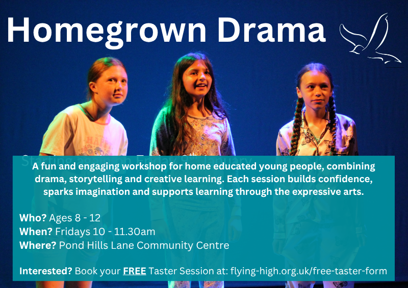 FlyingHighCIC's tweet photo. 🎭 Spaces still available in our Homegrown Drama group!

📍 Pond Hills Lane Community Centre
🗓 Fridays
⏰ 10–11:30

Fun, creative sessions for home-educated young people 🎬✨

Message us 📩 to join! https://t.co/lbtmKMluhY