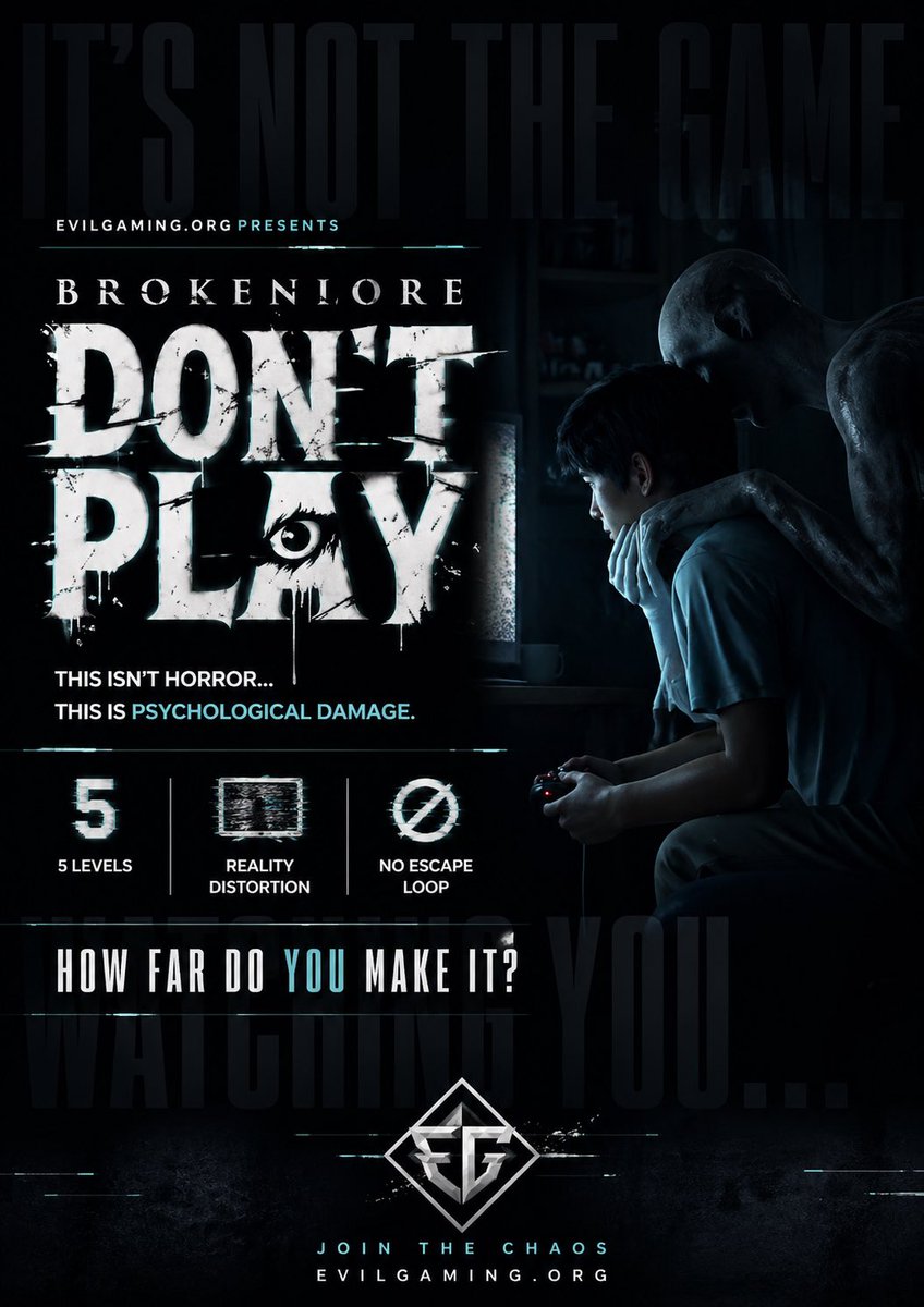 EvilGaming_Org's tweet photo. Everyone thinks they’re built for horror…
until a game starts messing with their head instead of throwing cheap jumpscares.

BrokenLore: DON’T PLAY
Yeah… the name alone is already a warning.

But let’s be real…
some of you are still gonna load it up like:
“it can’t be that bad” 🤡

This isn’t your usual run-around-and-scream simulator.

It’s slower.
Weirder.
And the deeper you go… the more it starts feeling off.

Five levels.
Each one pushing you closer to “nah I’m good actually.”

No hand holding.
No reset button for your sanity.

Just you… and whatever this game decides to do to you.

So who’s actually got the nerve?

🎮 Playing it alone in the dark
or
📺 watching someone else take the trauma?

Be honest… we already know half of you are backing out at level 2 👀

https://t.co/68dGY4xRAe
We don’t do safe… we do chaos.

#EvilGaming #BrokenLore #HorrorGaming #PsychologicalHorror #ScaryGames