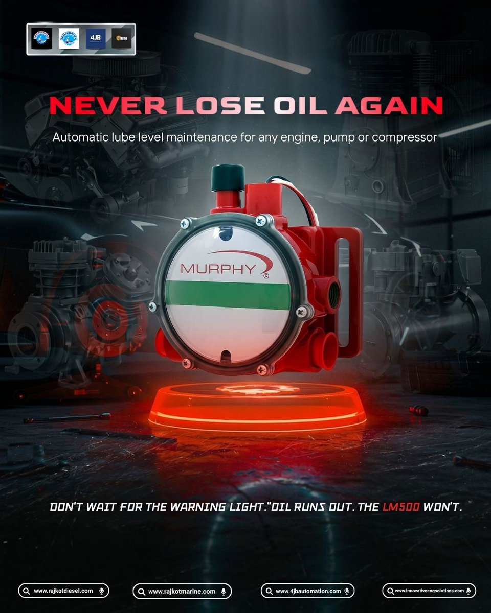 Rajkotdiesel's tweet image. Low oil doesn't warn you. It just kills your engine.
The Murphy LM500 refills automatically, monitors constantly, and shuts down before damage hits.
Don't wait for the warning light.Oil runs out. The LM500 won't. 🔴
#EngineProtection #MurphyLM500