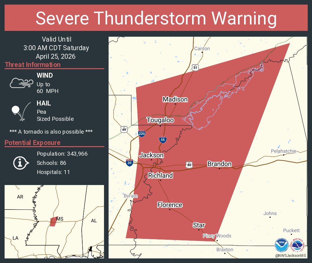 Severe Thunderstorm Warning continues for Jackson MS, Pearl MS and ...