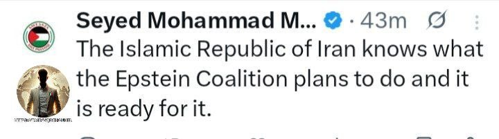 24 aprile 2026, Iran - USA 

SAYED MOHAMMAD MARANDI 
SU X

Il membro della delegazione iraniana a Islamabad, ha postato su X: 
La Repubblica Islamica dell'Iran sa cosa la Coalizione Epstein intende fare ed è pronta per questo.

#25aprile #Iran #USA 
#Medioriente #Pakistan