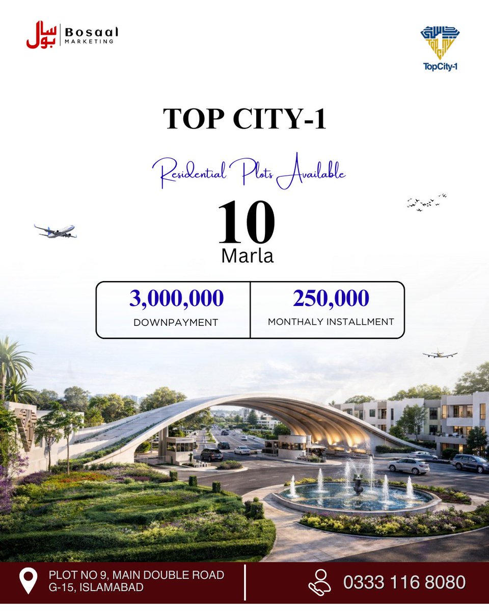 Bosaalmarketing's tweet image. Own your space in Top City-1 Islamabad.
10 Marla residential plots now available with a smart payment plan. 
📍 Plot No 9, Main Double Road, G-15, Islamabad
📞 0333 116 8080

#TopCity1 #IslamabadRealEstate #10MarlaPlot #PropertyInvestment