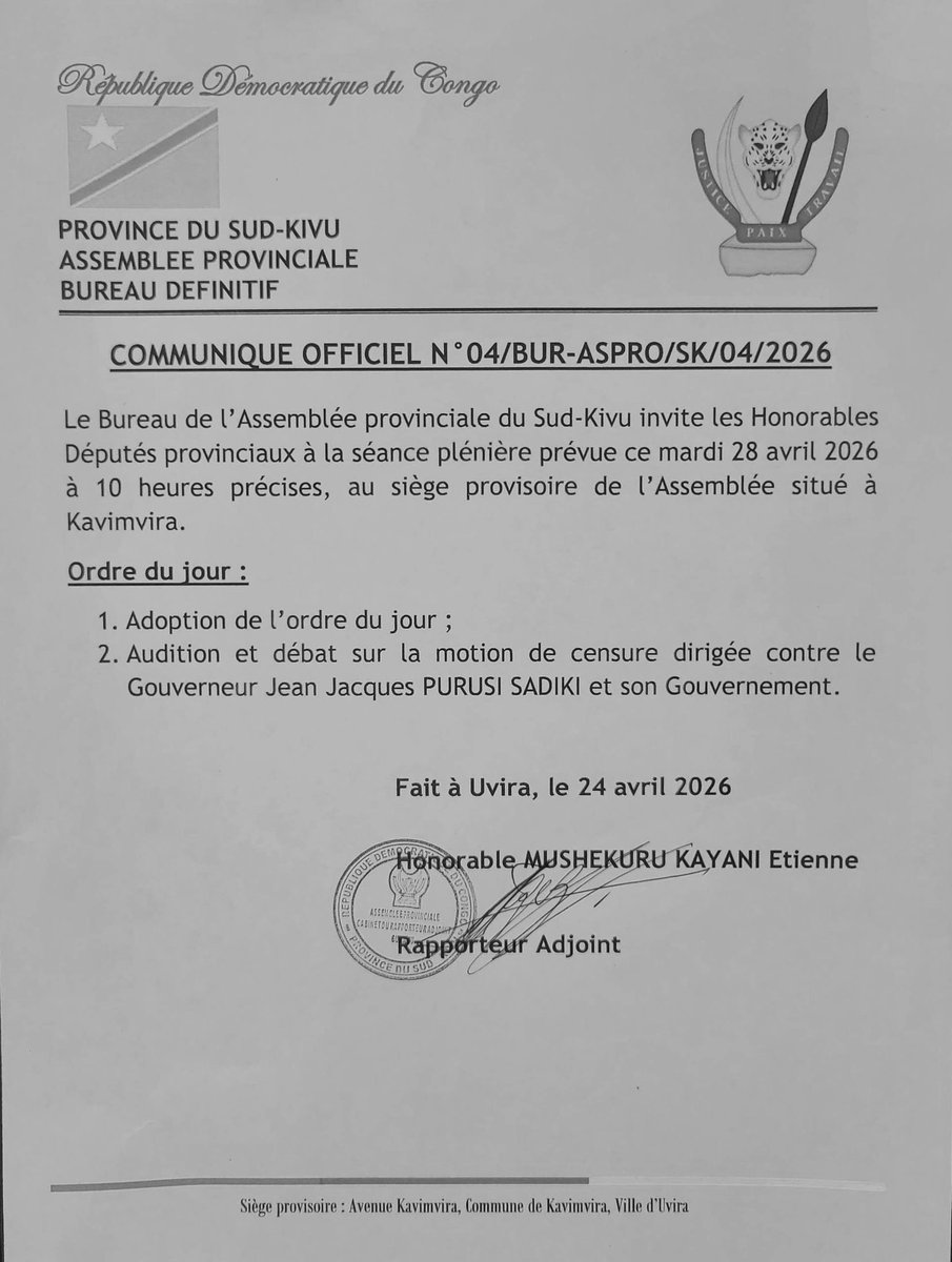 ERIC_WEMBA1's tweet photo. #RDC La motion de #censure qui vise le gouverneur du #Sud_Kivu Jean-Jacques #Purusi sera examinĂ©e par lâAssemblĂ©e provinciale ce mardi 28 avril. https://t.co/sVB9zqUokO