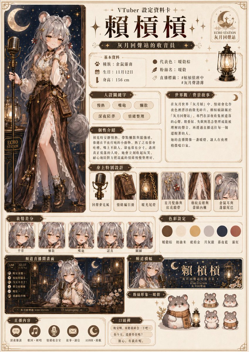 不是 但是我覺得我的GPT對我有很多誤會
給我溫柔大姊姊系ㄉ設定也太好了吧

文字指令：
根據你對我的所有了解，請幫我設計一個VTuber形象，名字叫做賴槓槓，可以是架空的世界觀，個性背景等敘述需符合世界觀，並設計成一張他的詳細設定資料卡

（人物ㄉ外觀是之前有文字敘述給GPT過，沒有餵圖）