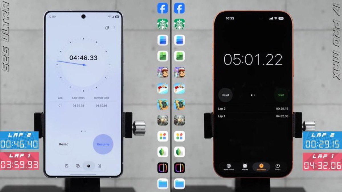 smartechdaily's tweet photo. ⚡️ مواجهة سرعة تكشف الفارق الحقيقي… من يتفوق فعليًا؟

اختبار جديد من PhoneBuff يقارن بين Galaxy S26 Ultra و iPhone 17 Pro Max

🚀 النتيجة:
Galaxy S26 Ultra يتفوّق بفارق واضح في الأداء العام

⏱️ التفاصيل:
في البداية، كان iPhone أسرع في تنفيذ المهام
لكن Galaxy لحق به سريعًا… ثم تجاوزه بشكل ملحوظ

🔁 ملاحظة مهمة:
رغم التفوق، لم يتمكن Galaxy من إعادة فتح جميع التطبيقات في الخلفية بنفس الكفاءة.