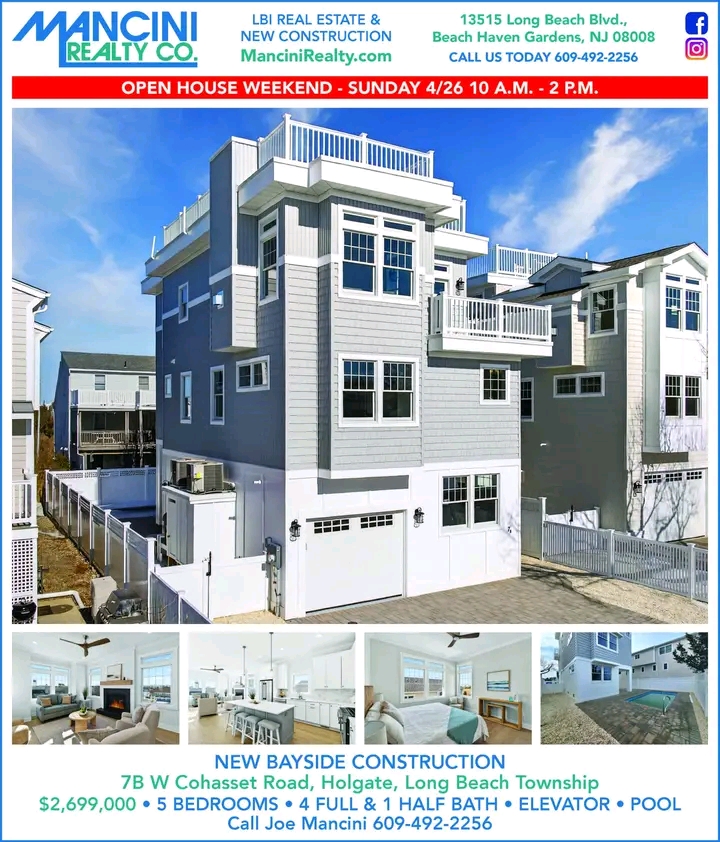 LongBeachIsland's tweet image. #LBI #OpenHouse Sunday 4/26 10am-2pm
7-B COHASSET, LONG BEACH TOWNSHIP $2,699,000
This shore home features three expansive floors of contemporary living space with 5 bedrooms and 4 full and 1 half bath. An elevator and pool. Info mancinirealty.com/property.php?M…