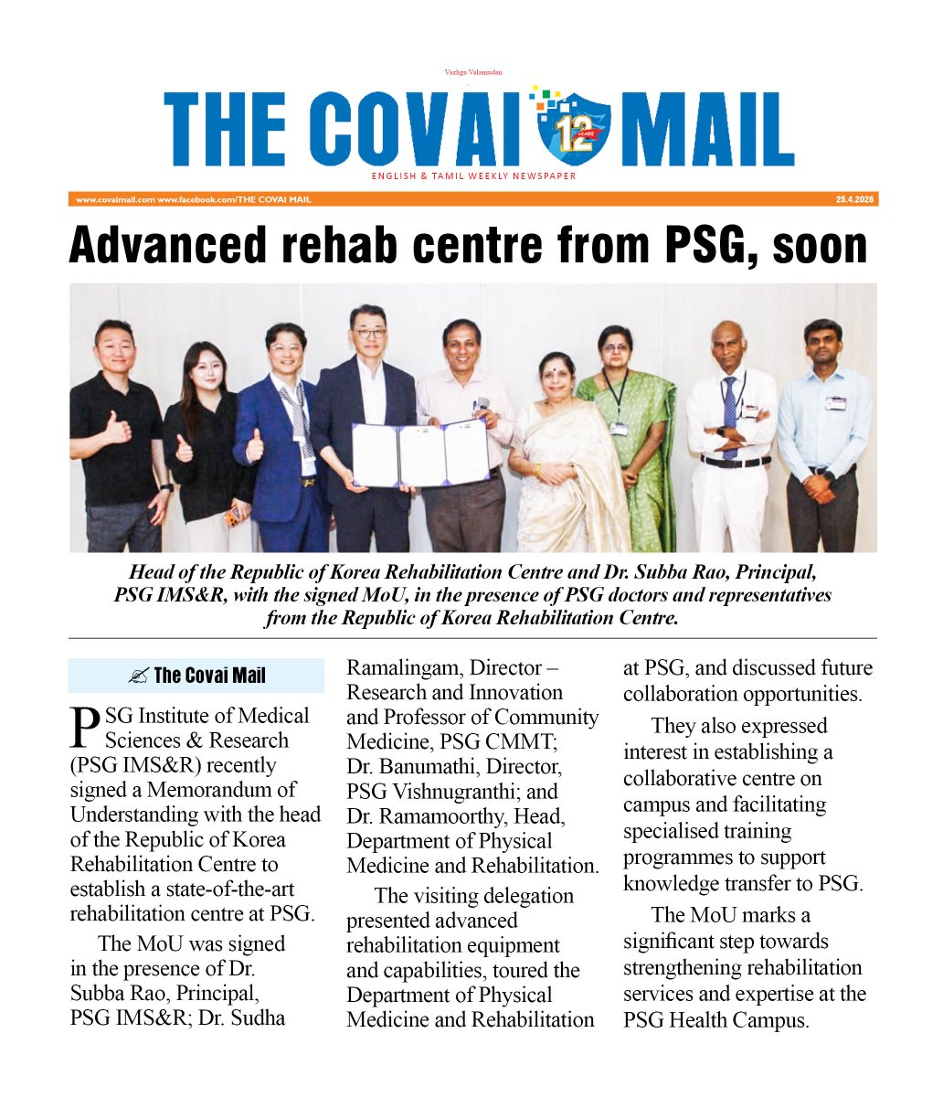 CovaiMail's tweet image. Advanced rehab centre from PSG, soon

#thecovaimail #coimbatore #KoreaRehabilitationCentre #MemorandumofUnderstanding #PSGInstituteofMedicalSciencesandResearch #stateoftheartrehabilitationcentre