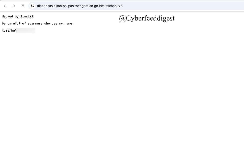cyberfeeddigest's tweet image. A governmental website of #Indonesia hxxps://dispensasinikah.pa-pasirpengaraian.go.id/simichan.txt
#Hacked by Simsimi

#Defacement #Hack #Indonesia