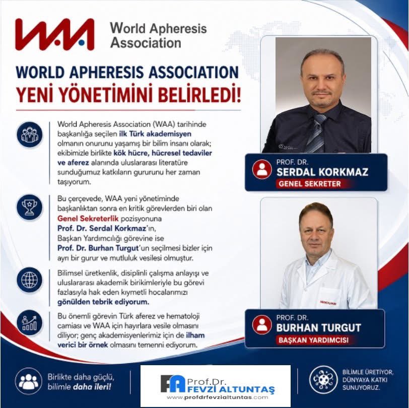 “World Apheresis Association” Yeni Yönetimini Belirledi!

World Apheresis Association (WAA) tarihinde başkanlığa seçilen ilk Türk akademisyen olmanın onurunu yaşamış bir bilim insanı olarak; ekibimizle birlikte kök hücre, hücresel tedaviler ve aferez alanında uluslararası