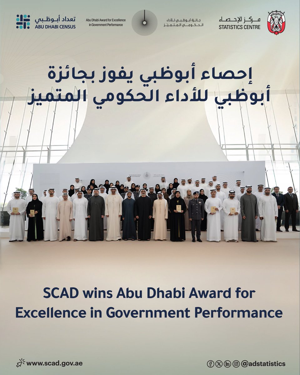 adstatistics's tweet photo. مركز الإحصاء - أبوظبي يحصد جائزة مبادرة الأثر الاستراتيجي عن مشروع "تعداد أبوظبي"، الذي يدمج أكثر من 38 مليون سجل من 36+ جهة، لدعم صناعة القرار وتسريع التحول نحو حكومة قائمة على الذكاء الاصطناعي.
#مركز_الإحصاء #إحصاء_أبوظبي #حكومة_أبوظبي https://t.co/NKr6nj0mfE