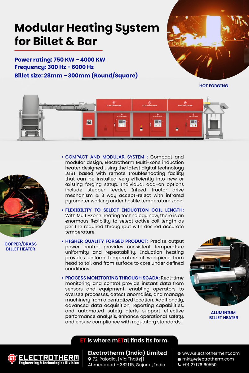Electrotherm_ET's tweet image. Maximize efficiency with Electrotherm’s Modular Heating System for Billet &amp;amp; Bar. ⚡

IGBT Tech &amp;amp; Digital Control 
750kW – 4000kW range 
Sizes: 28mm – 300mm 
Rugged &amp;amp; Energy Efficient
Engineered for performance. Built for reliability.

#SteelIndustry #InductionHeating