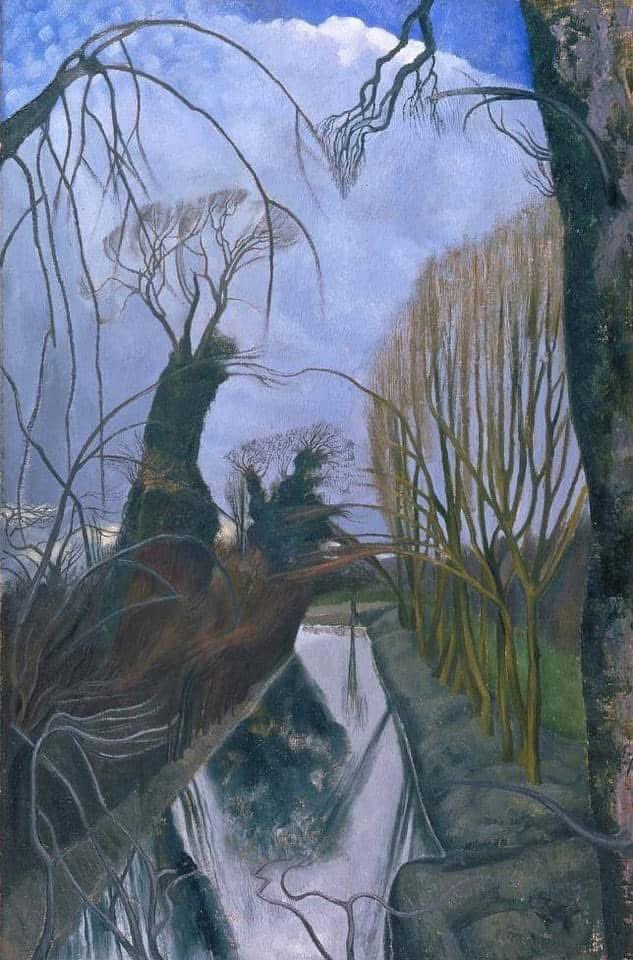 John Nash 
(British, 1893–1977)

The Moat
Grange Farm, Kimble 
1922
Oil on canvas
76.2 x 50.8 cm.

In this brooding landscape the trees and their tendril-like branches threaten to invade the viewer's space. The dark colours and evening light give the painting a claustrophobic