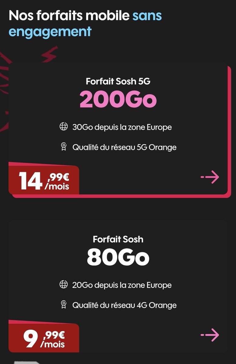 🟠 Sosh présente les forfaits fantômes 😂 2 prix, 2 nouvelles offres (vu sur l'espace client box) mais quand vous cliquez dessus ils n'existent tout simplement pas (redirection vers la page Forfaits Mobile habituelle) 👏 Dommage car elles avaient l'air intéressante 👀