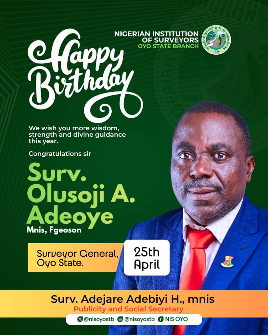 NISOYOSTB's tweet photo. We celebrate a distinguished professional and leader on the occasion of his birthday.
Surv. Adeoye Olusola, MNIS, FGEOSON, Surveyor General of Oyo State, your dedication and invaluable contributions to the surveying profession continue to inspire excellence and growth.
HBD, Sir https://t.co/iMns8n8mai