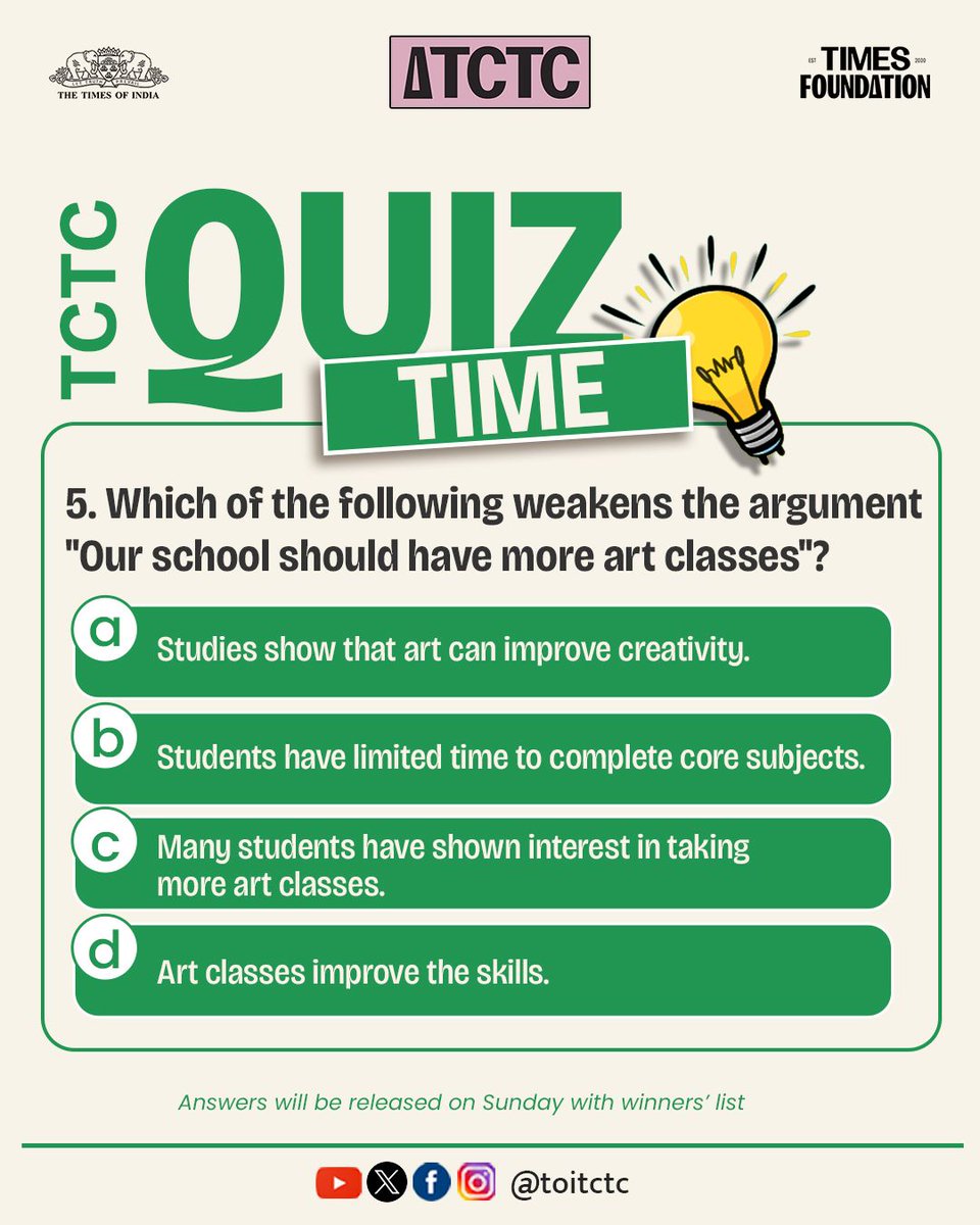 TOITCTC's tweet photo. Supporting an argument is easy. Knowing what breaks it is the real skill. 🧠

#TCTC #CriticalThinking #QuizTime #TimesFoundation #ArtClasses https://t.co/bxbkJaH8hD