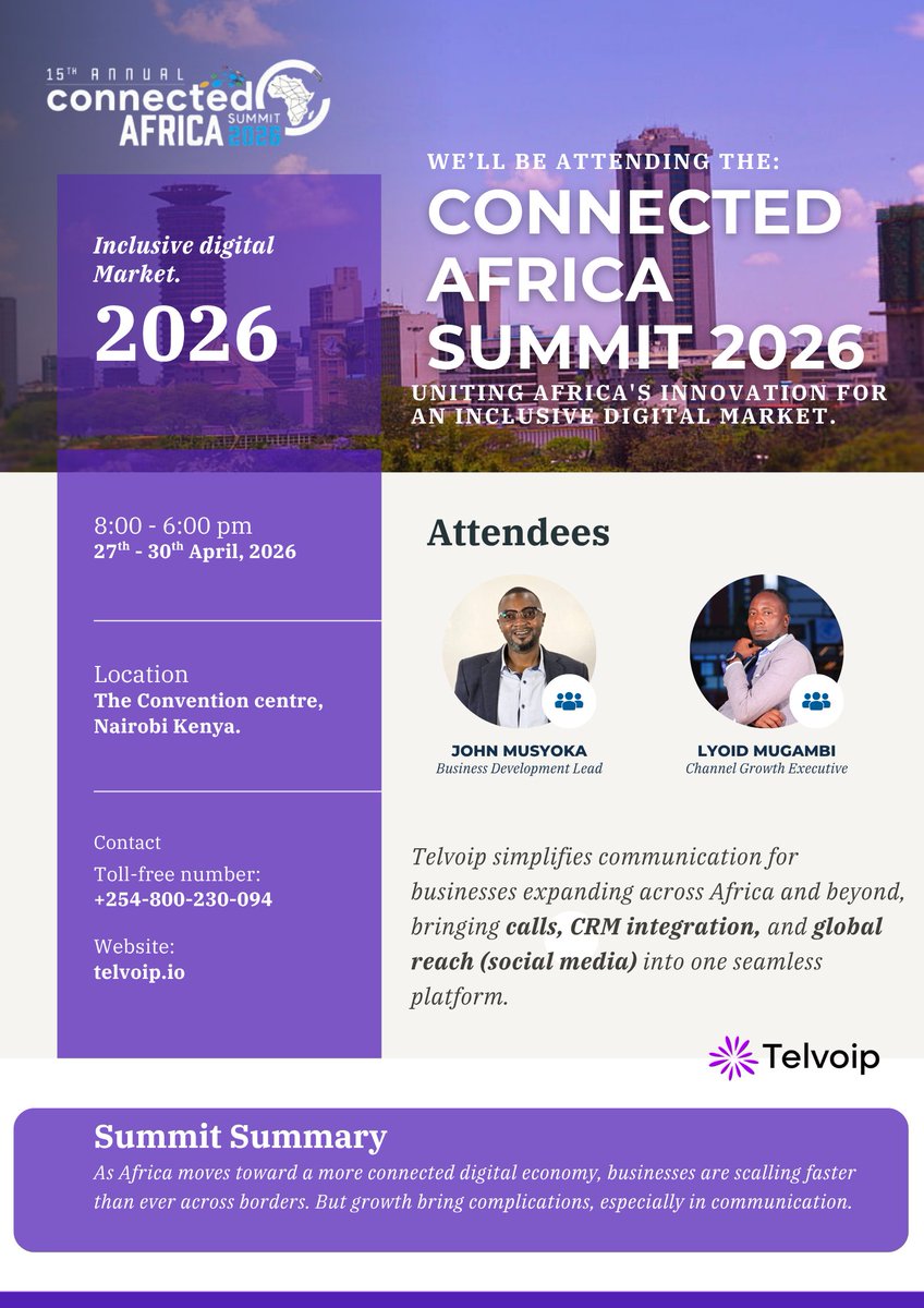 telvoipltd's tweet photo. Africa’s digital economy is scaling and so are the conversations that power it.

At the Connected Africa Summit 2026, Telvoip will be represented on the ground in Nairobi by John Musyoka, business development lead, and Lyoid Mugambi, channel growth executive. https://t.co/3teBzYdu8r