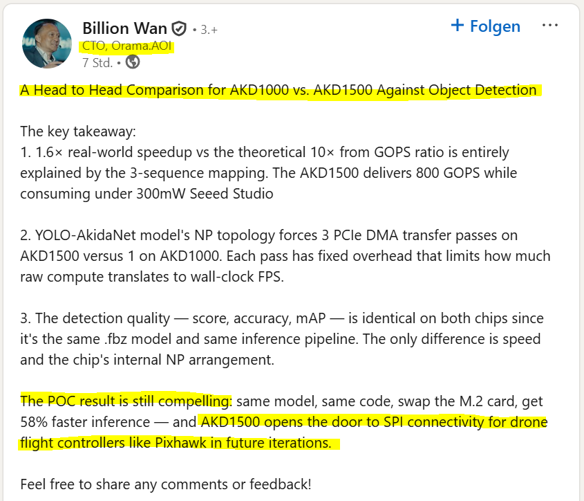 MIAM_Schwan's tweet image. A nice one 👏. I hadn't seen a comparison of Akida 1000 and 1500 yet. Until now ...

Billion Wan/CTO of Orama.AOI is fond of Akida and made this comparison. Interestingly Orama.AOI is collaborating with #Intel.

@BrainChip_inc $BRN $BRNHCF