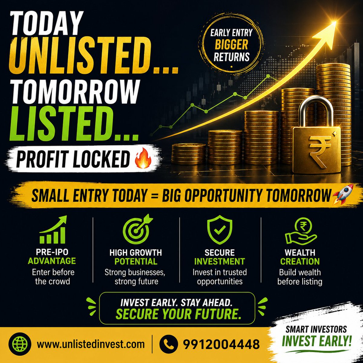 unlistedinvest1's tweet image. "Enter Before IPO 🚀 | Today Unlisted… Tomorrow Listed 🔥"

📞 𝐆𝐞𝐭 𝐋𝐚𝐭𝐞𝐬𝐭 𝐏𝐫𝐢𝐜𝐞 &amp;amp; 𝐃𝐞𝐚𝐥𝐬
📲 +91 9912004448
🌐 unlistedinvest.com
💬 WhatsApp for immediate details

#UnlistedShares #PreIPO #InvestSmart #StockMarketIndia #WealthCreation #HiddenGems  #IPO