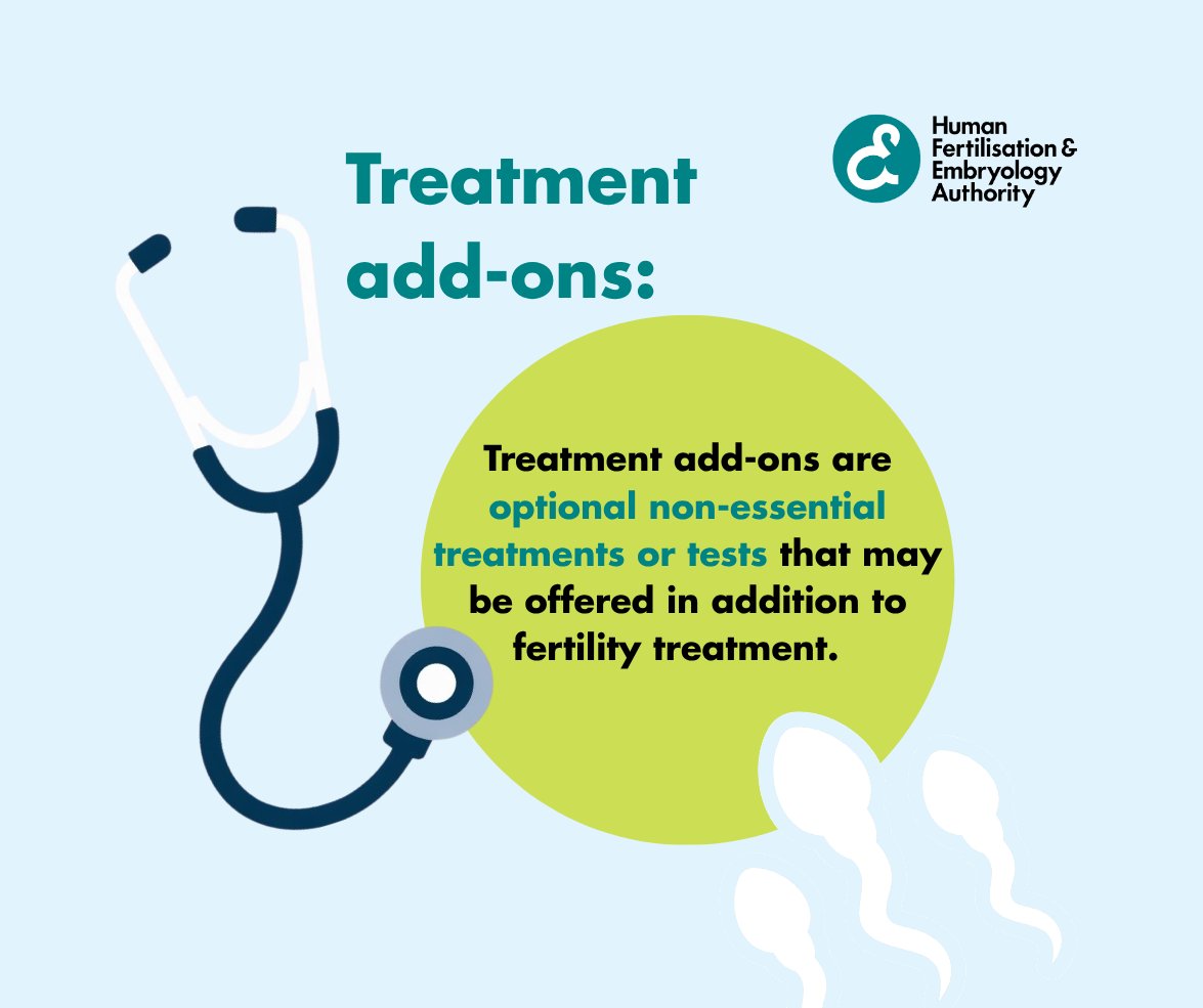 HFEA's tweet photo. If you’re undergoing fertility treatment, you may be offered treatment add‑ons. These are optional extras but research shows benefits vary. Visit our website for more information: https://t.co/GZmrnezNWZ https://t.co/9vB5GFAJxo