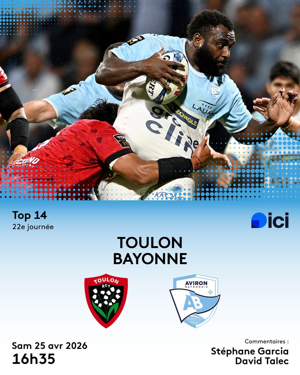 icipaysbasque's tweet photo. 💥 𝗝𝗼𝘂𝗿 𝗱𝗲 𝗺𝗮𝘁𝗰𝗵 𝘀𝘂𝗿 𝗜𝗖𝗜 𝗣𝗮𝘆𝘀 𝗕𝗮𝘀𝗾𝘂𝗲 🏉

Toulon 🆚 𝗔𝘃𝗶𝗿𝗼𝗻 𝗕𝗮𝘆𝗼𝗻𝗻𝗮𝗶𝘀
🏆 Top 14
🗓️ J22
⏰ 16h35
📍 stade Mayol

🎙️ @StephaneGrcia et @MrLec 

#RCTAB | #top14 | #teamAB https://t.co/mCodztpeYt