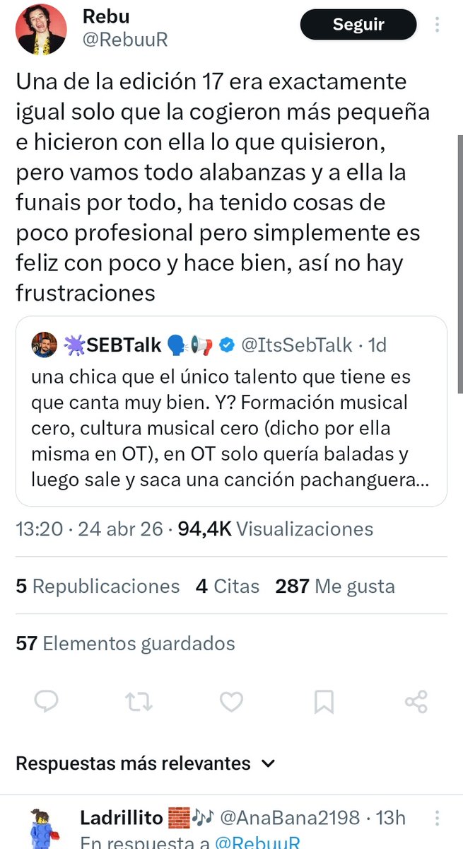 Ocho años, casi nueve ya y sigue con su frustración y su shippeo fallido. Duro debe ser eso. Y lo de todo alabanzas no se de donde lo saca cuando ella misma es de las que contribuyen al machaque en esta red social hacia ella cada dos dias como mucho 😓