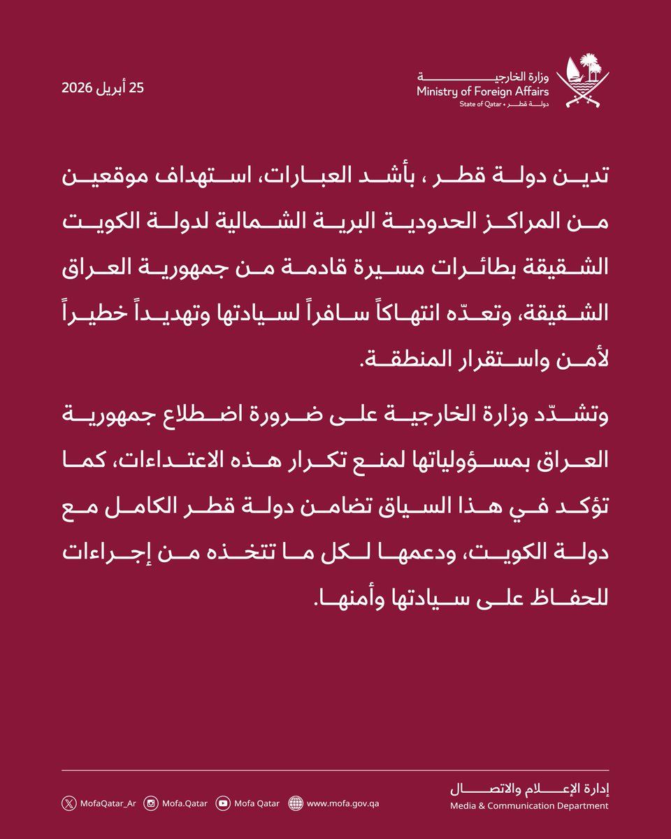 بيان | قطر تدين بأشد العبارات استهداف موقعين من المراكز الحدودية البرية الشمالية للكويت بطائرات مسيرة قادمة من العراق

الدوحة | 25 أبريل 2026  

تدين دولة قطر ، بأشد العبارات، استهداف موقعين من المراكز الحدودية البرية الشمالية لدولة الكويت الشقيقة بطائرات مسيرة قادمة من جمهورية
