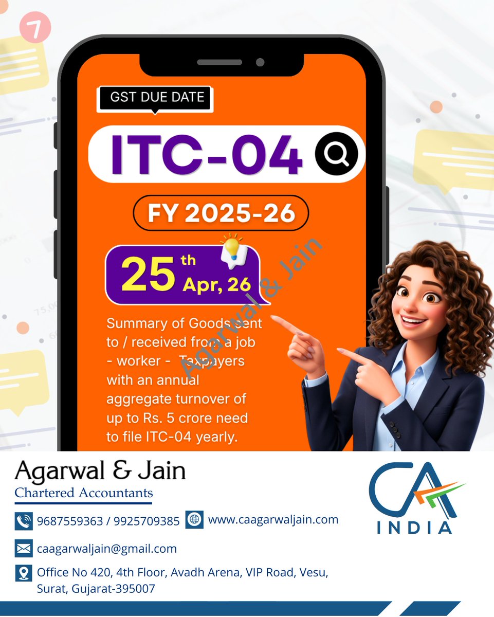 sachindjain's tweet image. GST Due Date – ITC-04 📢

Due date: 25 April 2026 for FY 2025–26

• Annual filing for taxpayers with AATO up to ₹5 crore
• Statement of goods sent to/received from job workers

Ensure accurate reporting and timely filing to stay compliant.

#GST #ITC04 #JobWork #GSTCompliance