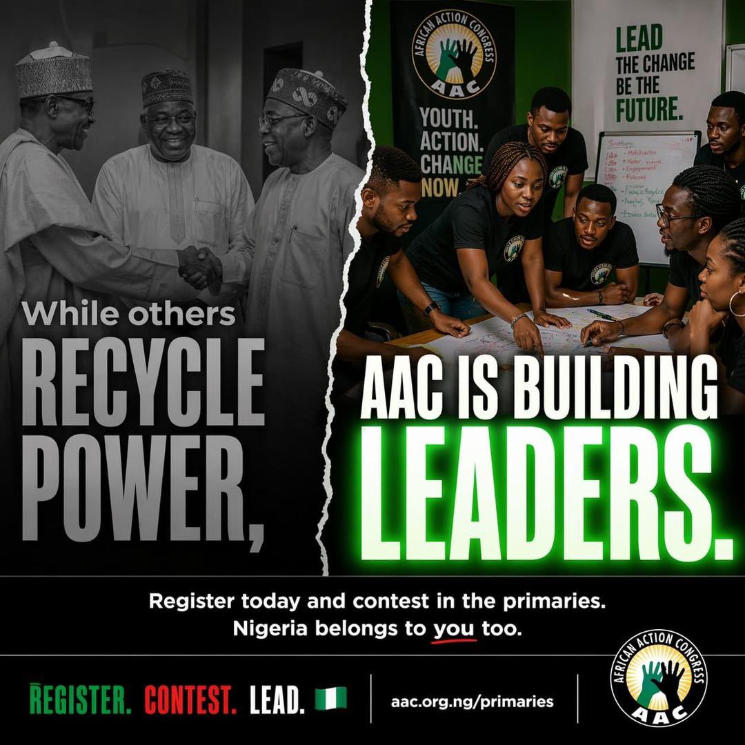 SoworeNow2027's tweet photo. While others recycle power, AAC is building leaders.
Register today and contest in the primaries. https://t.co/4gfu9IaxC5
Nigeria belongs to you too.
#TakeItBack
#AACOurParty
#StopTheExploitation
#AACPrimaries
#RegisterNow https://t.co/xkZEfBJr0R