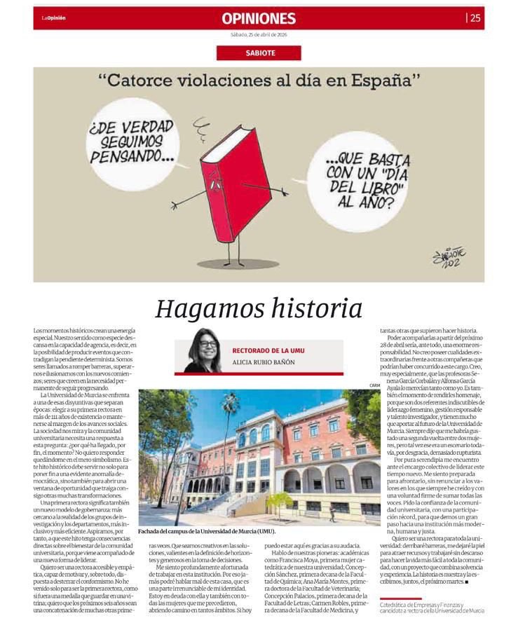 Por su programa, 
por su fantástico equipo humano, 
por su forma de liderar, transformar y cuidar
por la maravillosa persona que es 

por eso apoyo el proyecto de <a href="/aliciarubioumu/">Alicia Rubio Bañón</a> 

#Hagamoshistoria #UnaRectoraParaTodaLaUniversidad 

laopiniondemurcia.es/opinion/2026/0… <a href="/diariolaopinion/">La Opinión de Murcia</a>