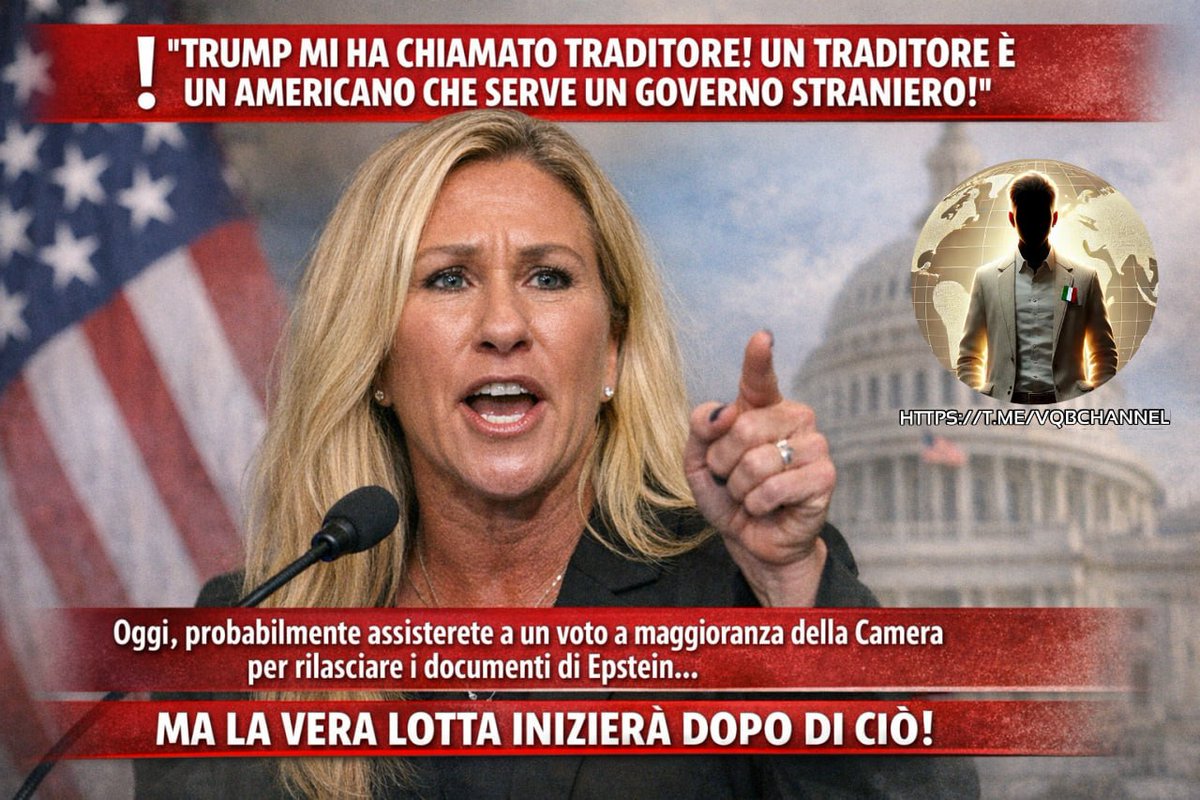 24 aprile 2026, Stati Uniti 

MARJORIE TAYLOR GREENE LA VERA LOTTA INIZIA DOPO EPSTEIN

#Marjorie_Taylor_Greene:

❗️"Trump mi ha chiamato traditore! Un traditore è un americano che serve un governo straniero."

Oggi, probabilmente assisterete a un voto a maggioranza della Camera