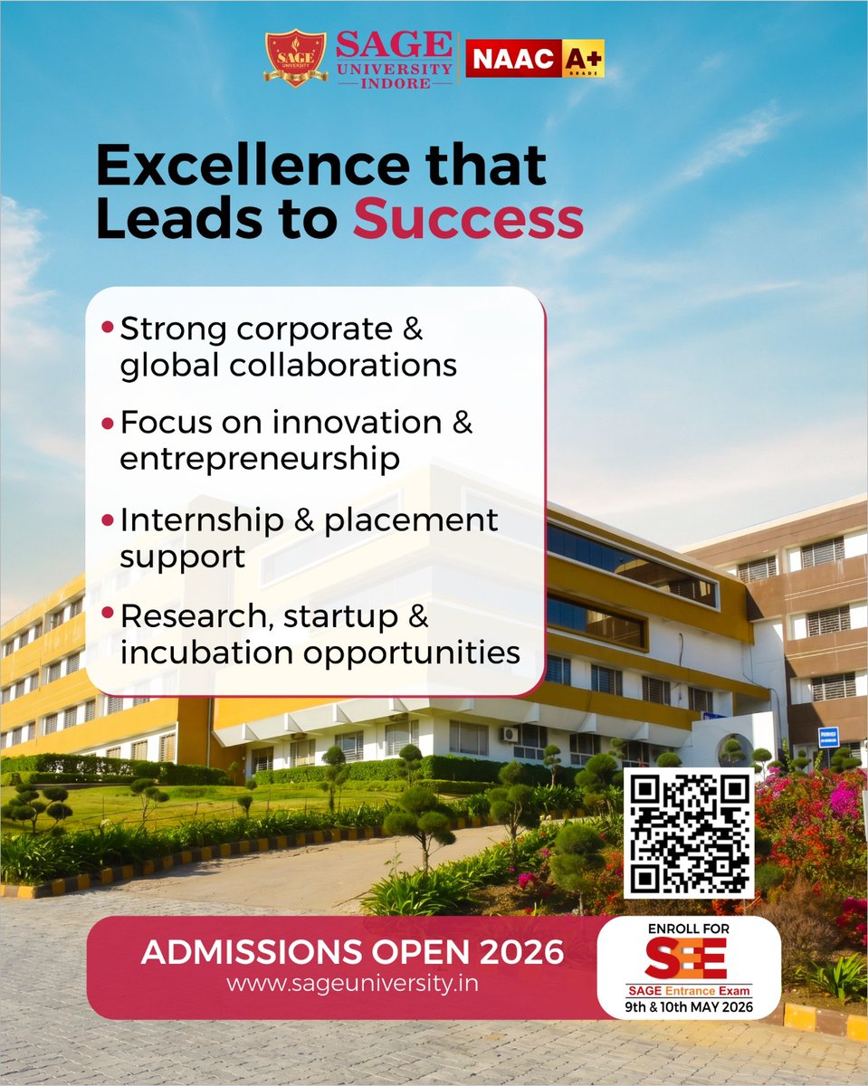 SAGE_INDORE's tweet image. Success isn’t just a destination, it’s built through the right opportunities.

With global exposure, practical learning &amp;amp; strong placement support, every student moves closer to a future that truly matters. 
__
#SAGEUniversityIndore #AdmissionsOpen2026 #SuccessJourney